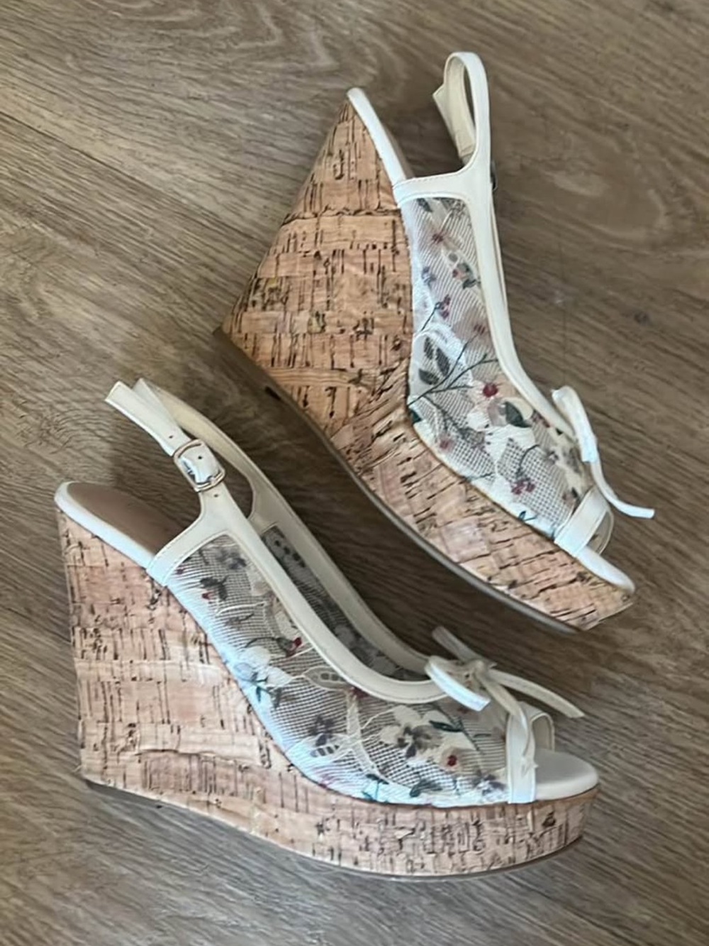 White Floral Mesh Cork Wedge Sandals